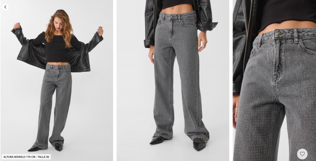 En gris, estos pantalones denim con detalles brillantes aportan una suavidad visual.