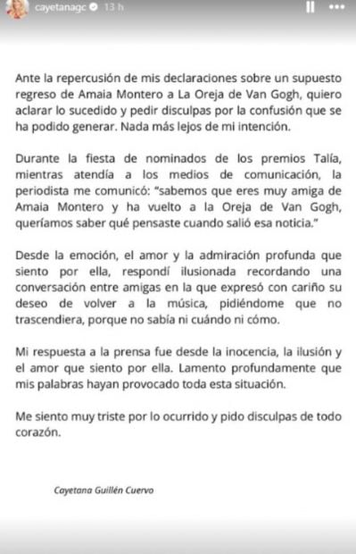 Comunicado Cayetana Guill&eacute;n, Amaia Montero