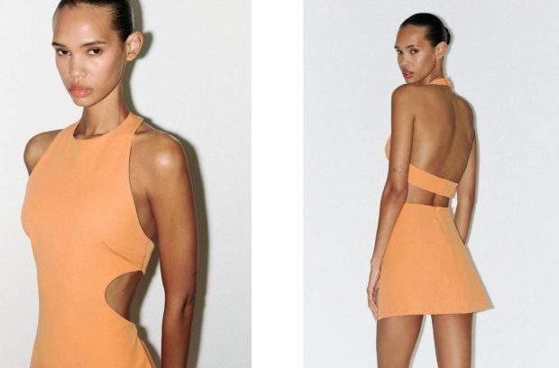 Vestido corto naranja con cut outs laterales. (Zara)