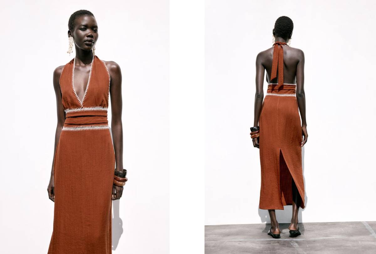 Vestido terracota con bordados y espalda abierta de Zara.