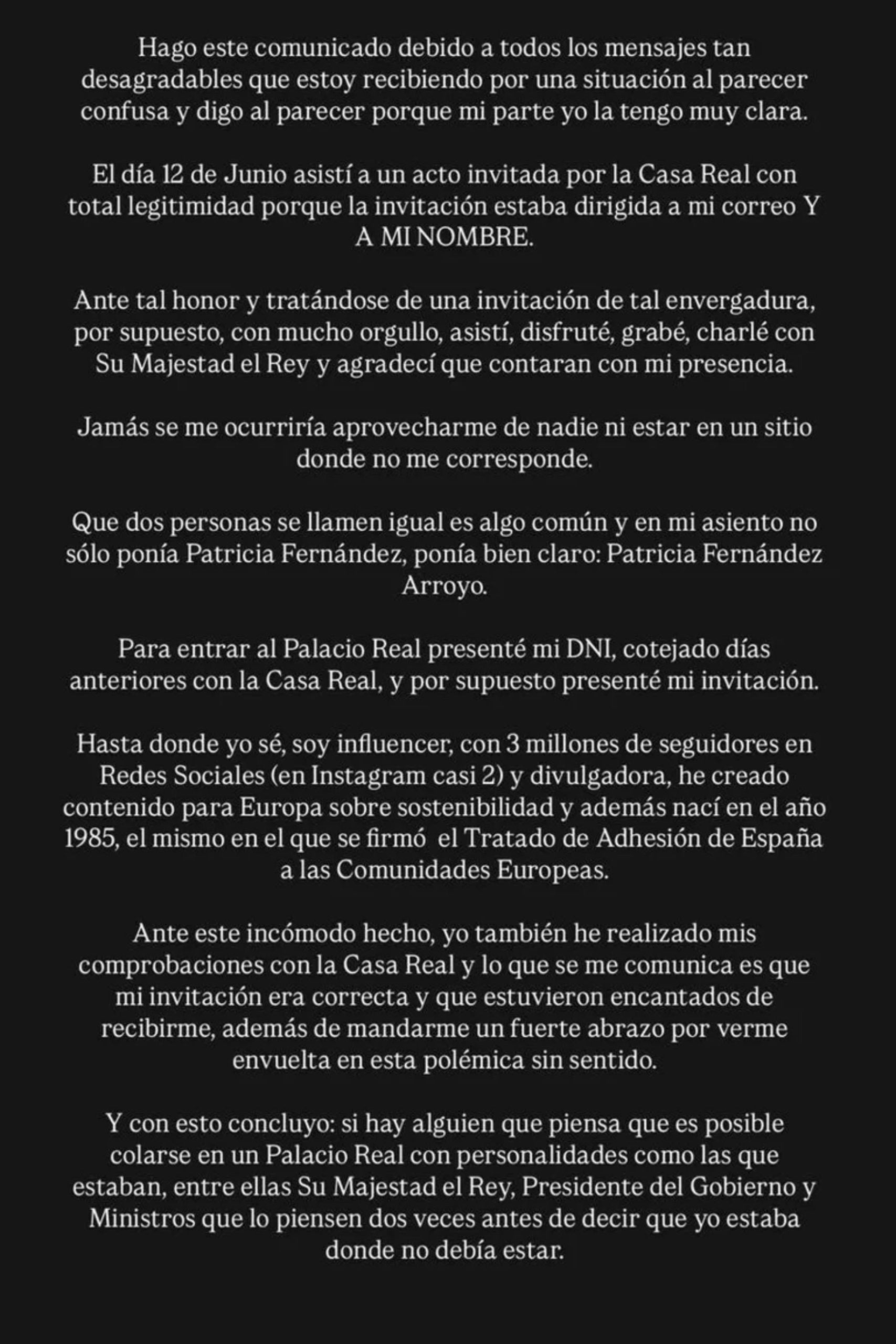 El comunicado de la 'otra' Patricia Fernández sobre su asistencia al acto. (Foto: @patriciawhitehouse)