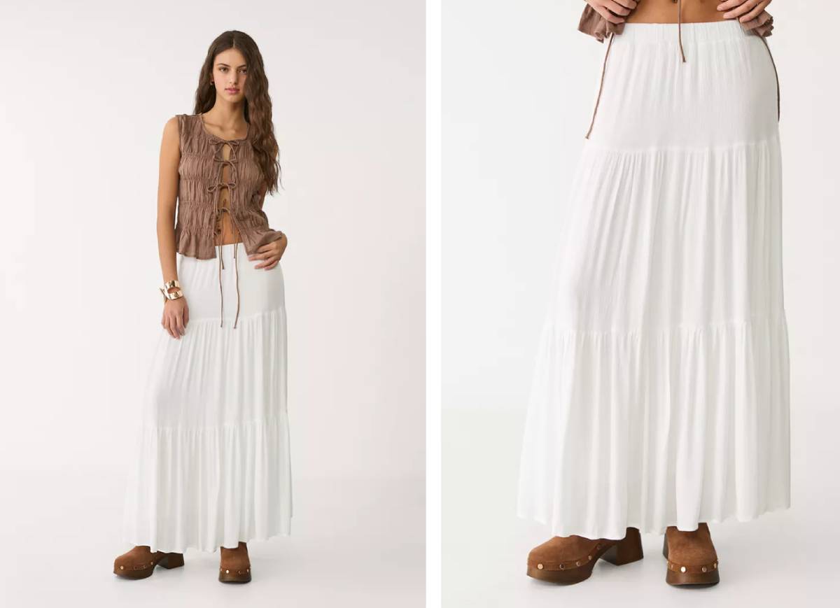 Falda midi boho de Stradivarius (22,99 &euro;): una prenda fluida y vers&aacute;til con aire rom&aacute;ntico.