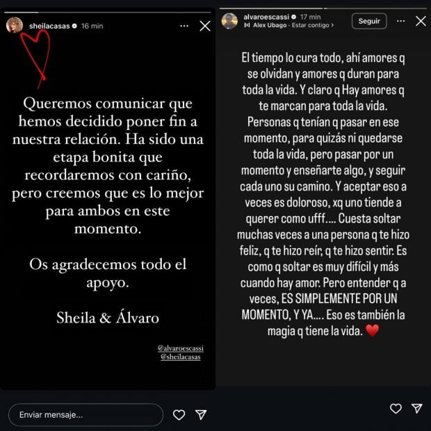 &Aacute;lvaro Mu&ntilde;oz Escassi y Sheila Casas anuncian su ruptura a trav&eacute;s de sus perfiles sociales. (FOTO: REDES SOCIALES)