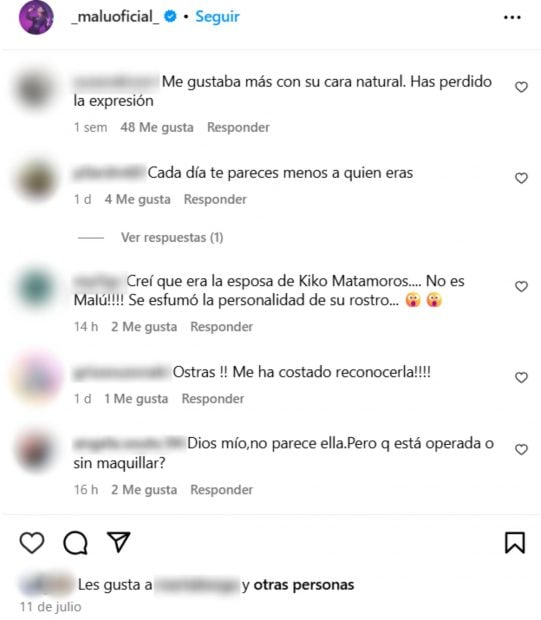 Los comentarios que ha recibido Mal&uacute; en su &uacute;ltimo post. (Foto: Instagram)