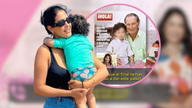 Gabriela Guill&eacute;n y la portada de &iexcl;Hola! en la que presenta a su hijo. (Foto: Redes sociales y Telecinco)
