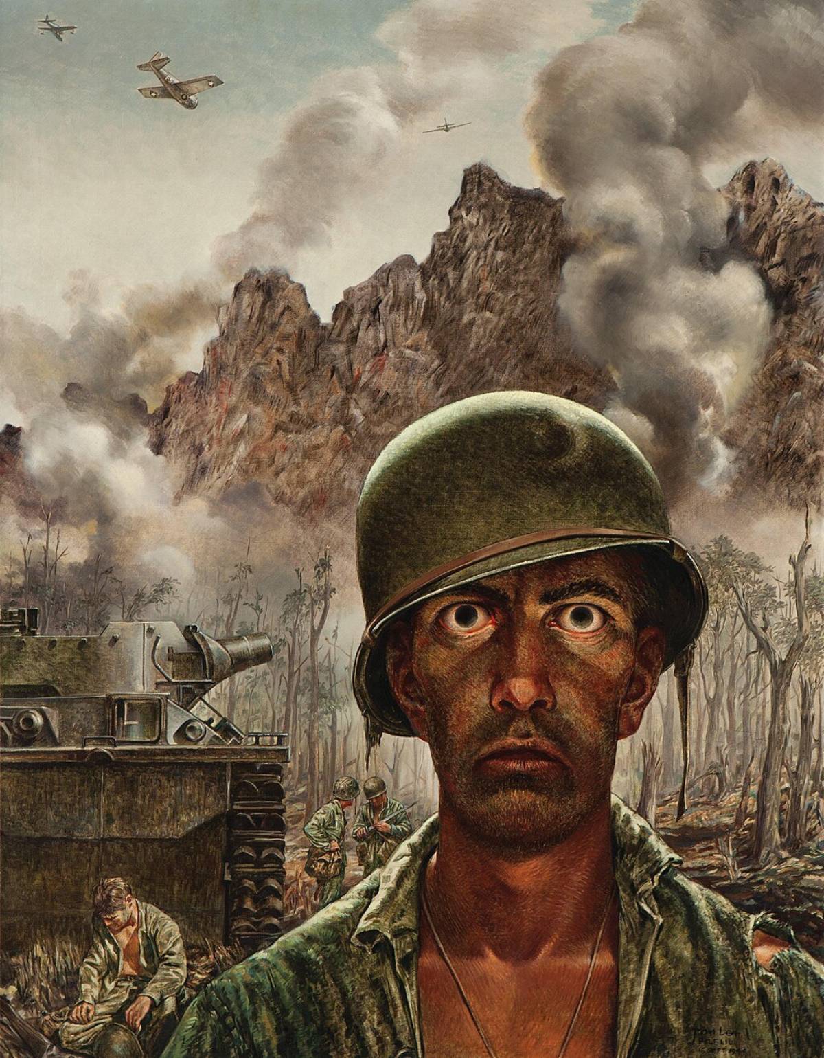 La pintura b&eacute;lica famosa: The 2000 Yard Stare (1944) del artista Thomas Lea. (Wikipedia)