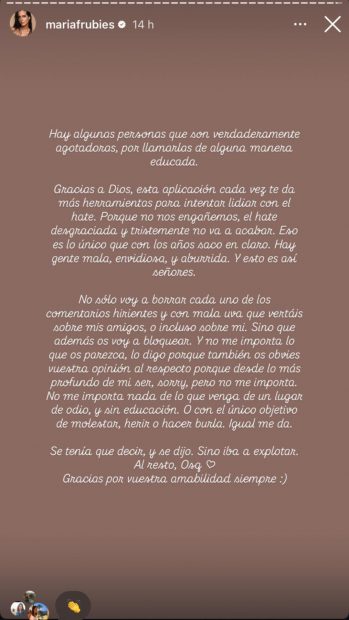 El comunicado de María Fernández-Rubíes. (FOTO: REDES SOCIALES)