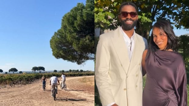 Los invitados de ruta en bicicleta y el look de preboda de Colette Lathan. (Fotos: Redes sociales) 