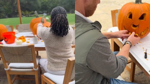 El pr&iacute;ncipe Harry y su suegra, Doria Markle, preparando las calabazas de Halloween. (Fotos: Redes Sociales)