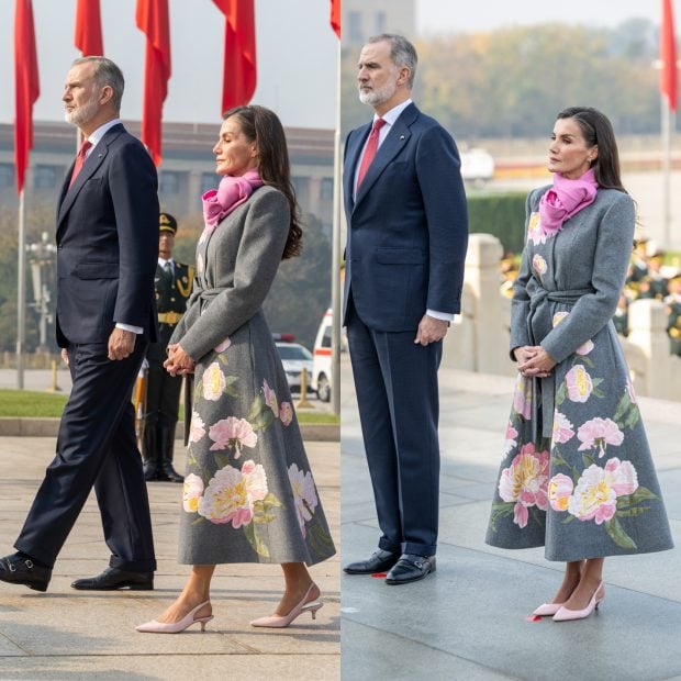 Bajo el abrigo, la mujer de Felipe VI opt&oacute; por un vestido rosa empolvado que combin&oacute; con unos tacones de sal&oacute;n y un fular fucsia. (Fotos: Gtres)