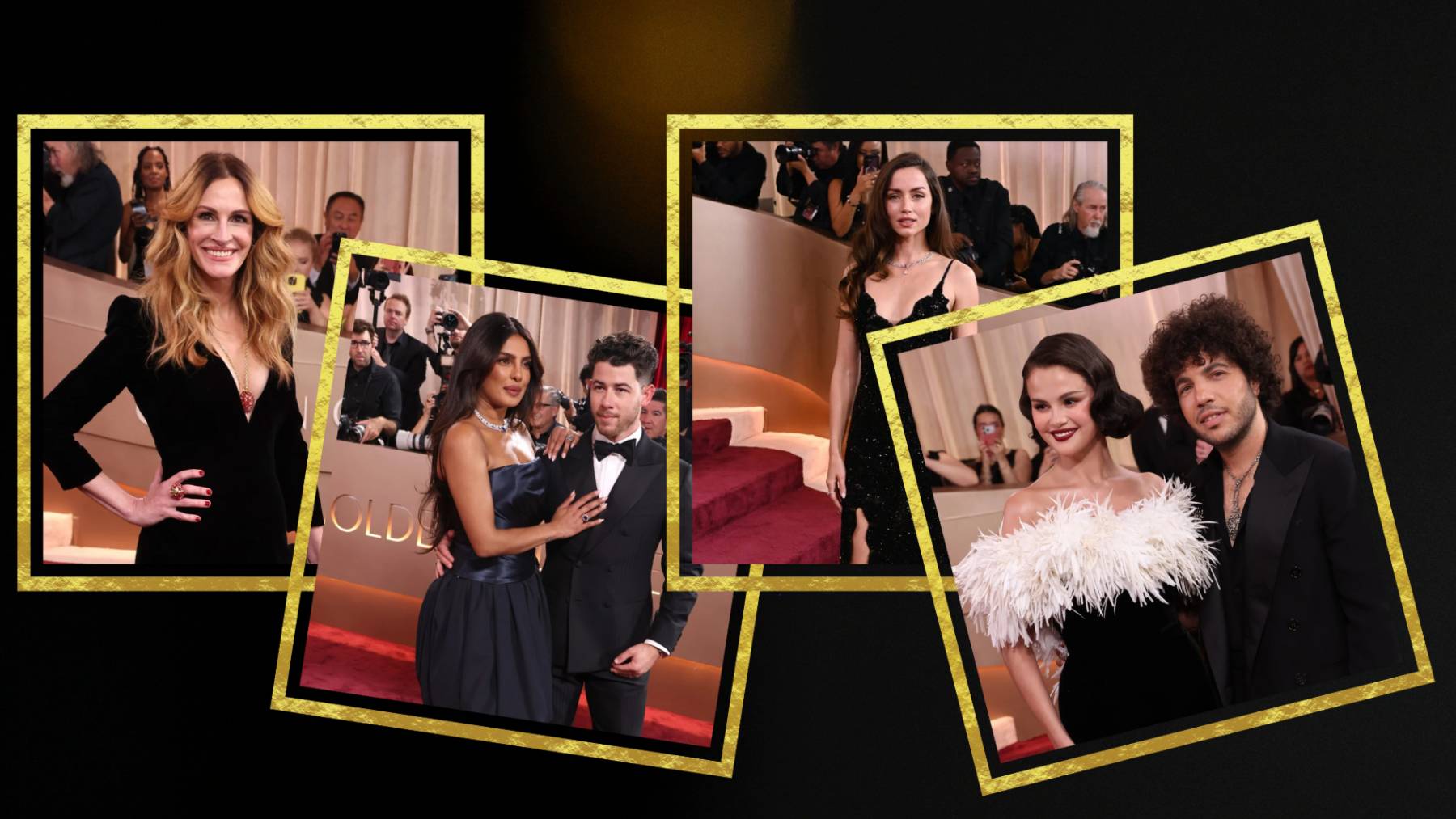 Julia Roberts, Priyanka Chopra, Nick Jonas, Ana de Armas, Selena Gómez y Benny Blanco en los Globos de Oro 2026. (Foto: Gtres)