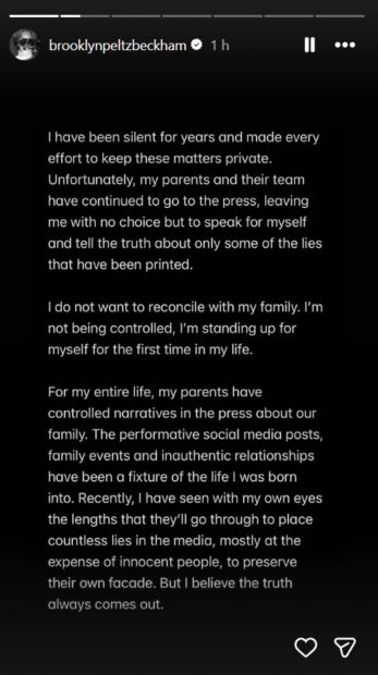 Comunicado de Brooklyn Beckham en Instagram. (Foto: RRSS)