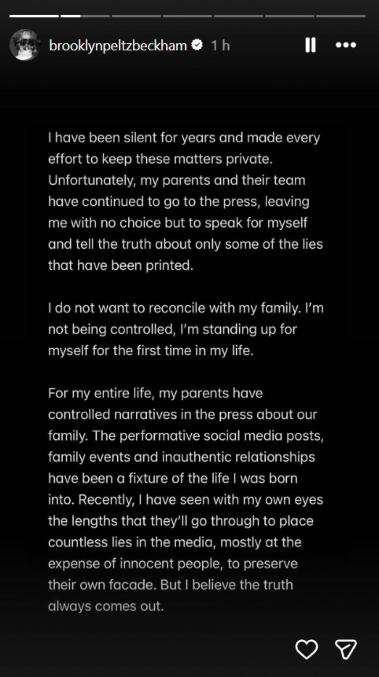 Comunicado de Brooklyn Beckham en Instagram. (Foto: RRSS)