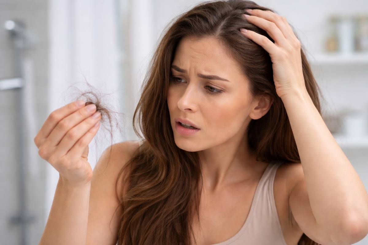 Mujer examinando la ca&iacute;da de cabello. (Hecho con IA)