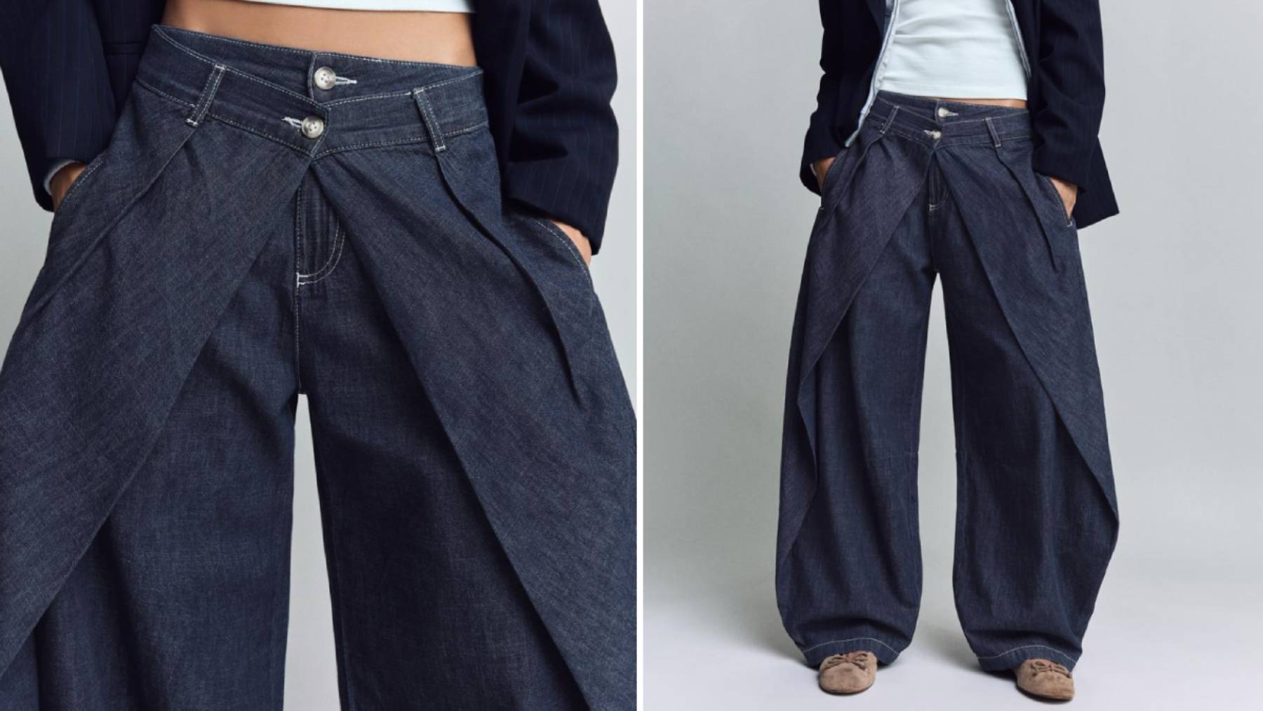 Pantalón Bershka con pliegues y cintura cruzada en tejido vaquero.