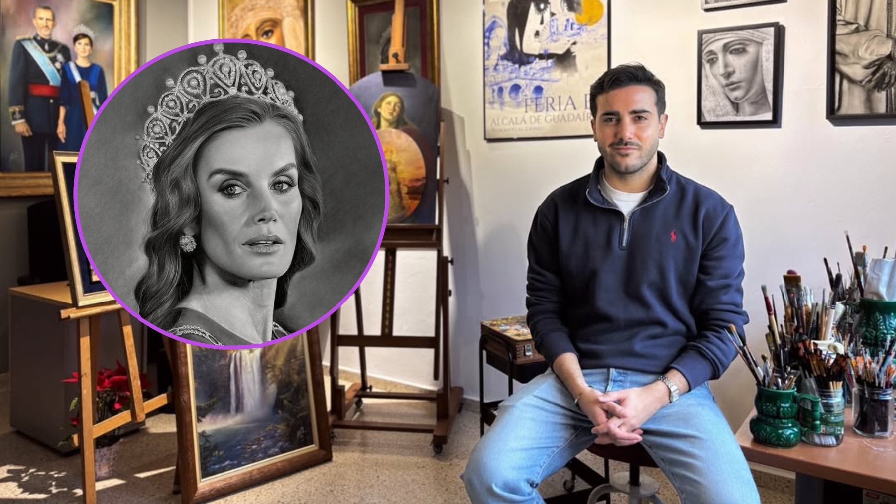 Alberto Rubio en un montaje con el retrato de la Reina. (Fotos: Cortesía)
