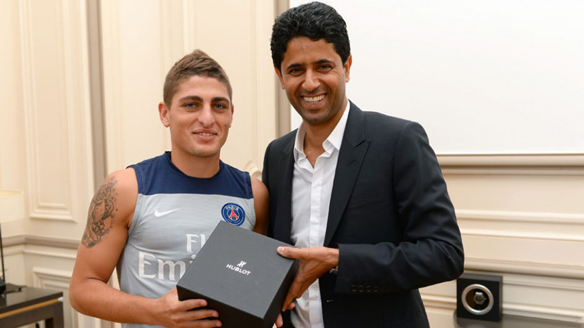 Verratti y el presidente del PSG, en un acto promocional.