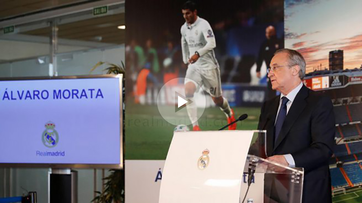 Florentino Pérez da la bienvenida a Álvaro Morata. (realmadrid.com)