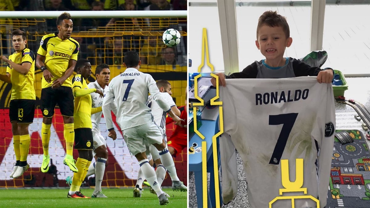 El hijo de Aubameyang, posando feliz con la camiseta de Cristiano.