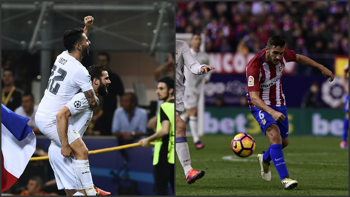 Isco y Nacho celebrando la Undécima a la izquierda de la imagen, a la derecha Koke superado en el Calderón.