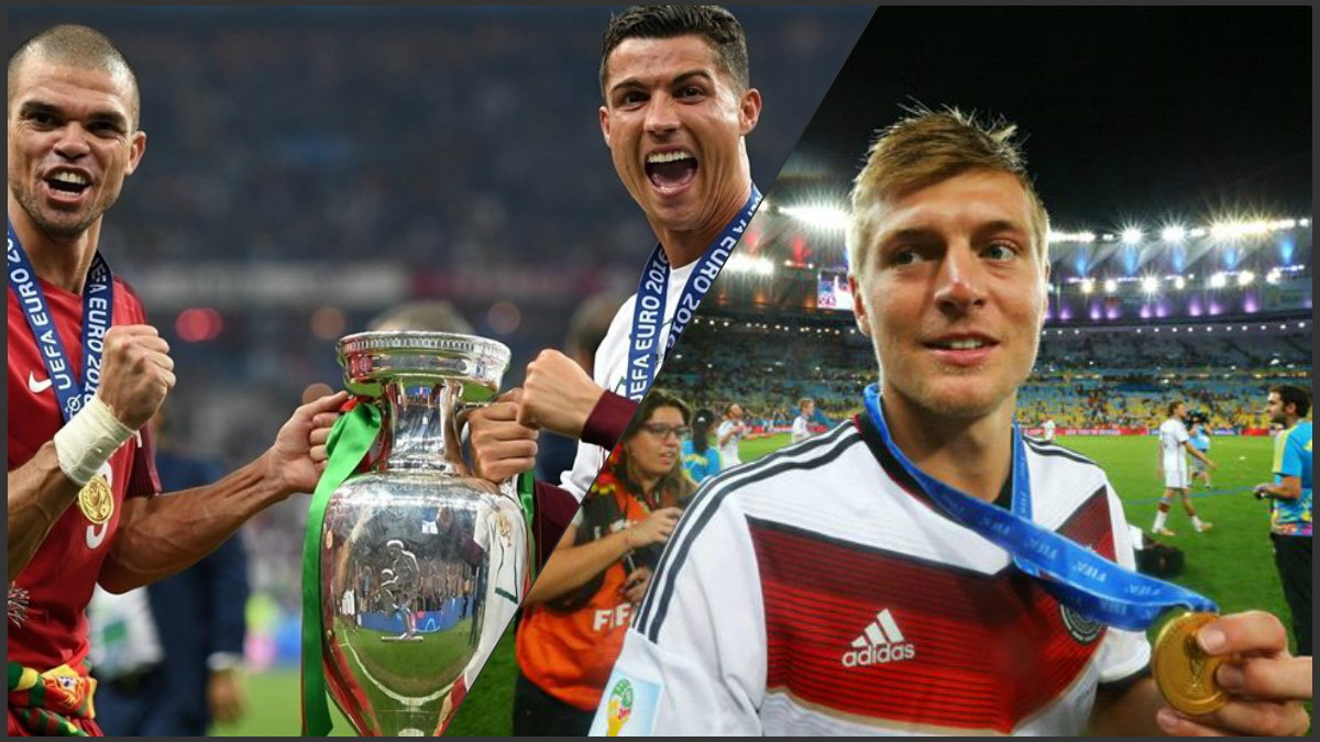 Pepe y Cristiano Ronaldo con la Eurocopa y Kroos celebrando el Mundial.
