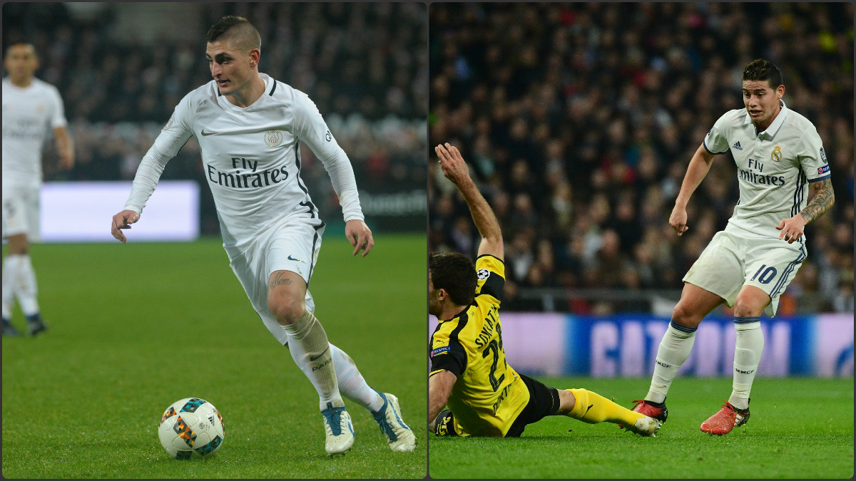 Verratti y James, durante sendos partidos del PSG y del Real Madrid.