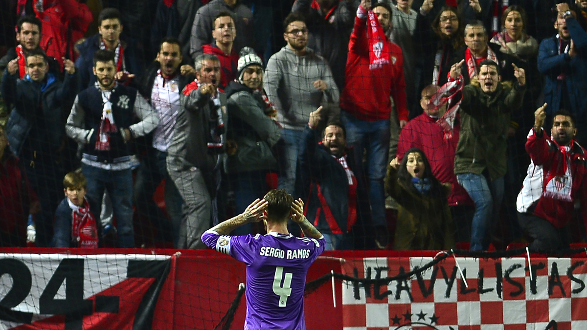 Sergio Ramos, celebrando su gol ante el Sevilla en Copa.