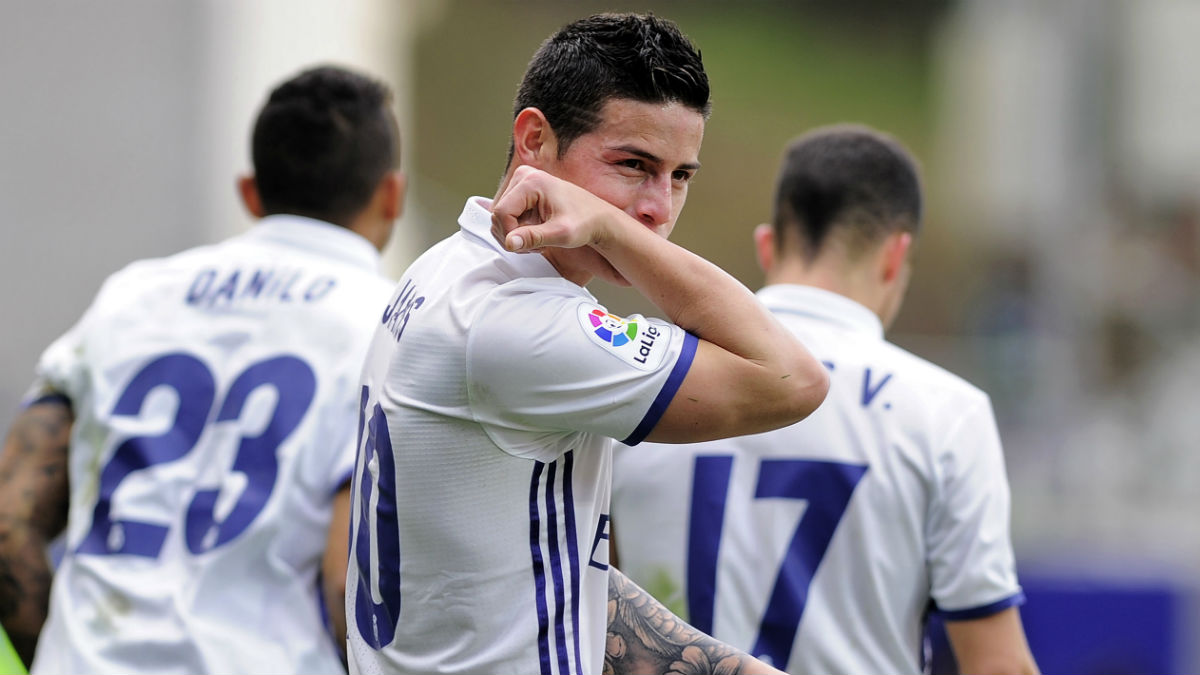 James Rodríguez celebra su gol al Eibar. (AFP)