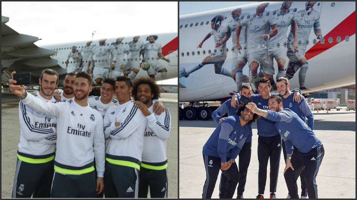 A la izquierda, presentación del avión del Real Madrid la temporada pasada. A la derecha, misma presentación sin James este curso.