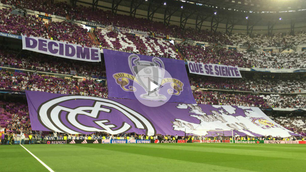 El Bernabéu vibró con el himno de la Champions y un espectacular tifo que indignó a los atléticos