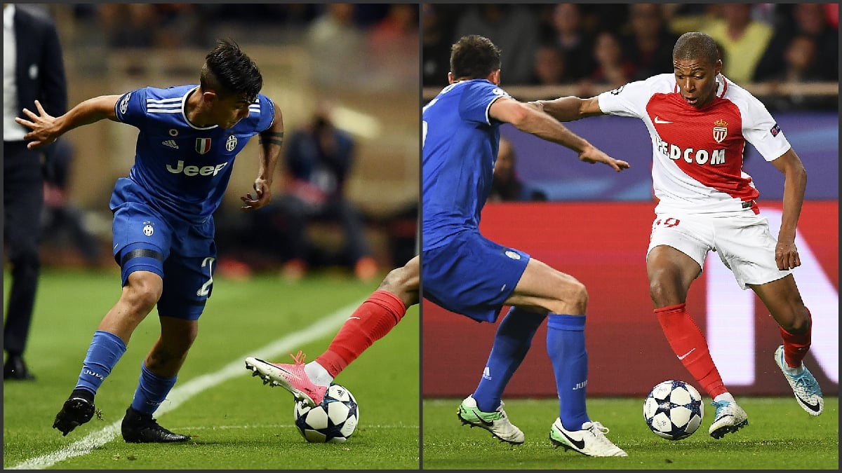 Dybala y Mbappé durante el Mónaco-Juventus. (Fotos AFP)