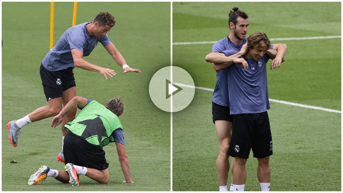 Los jugadores del Real Madrid disfrutan en el entrenamiento.