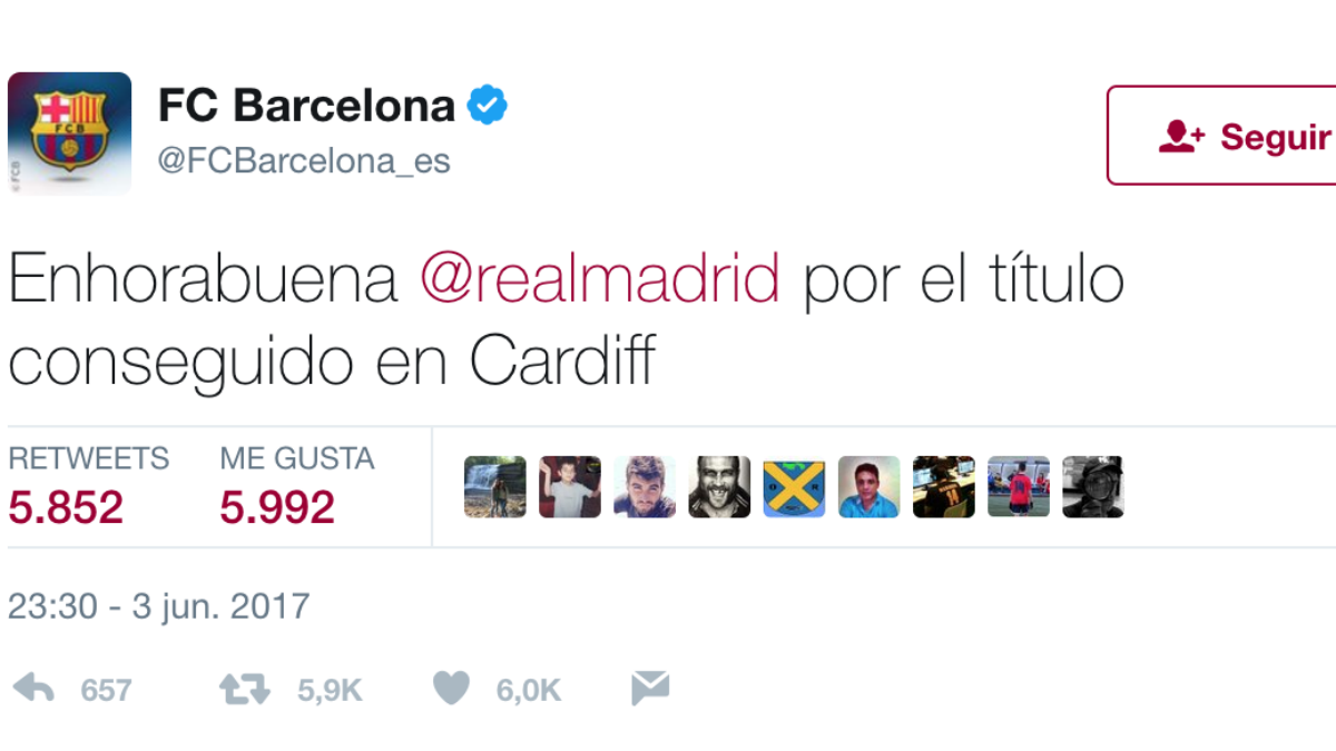El Barcelona felicita al Real Madrid tras ganar la Duodécima.