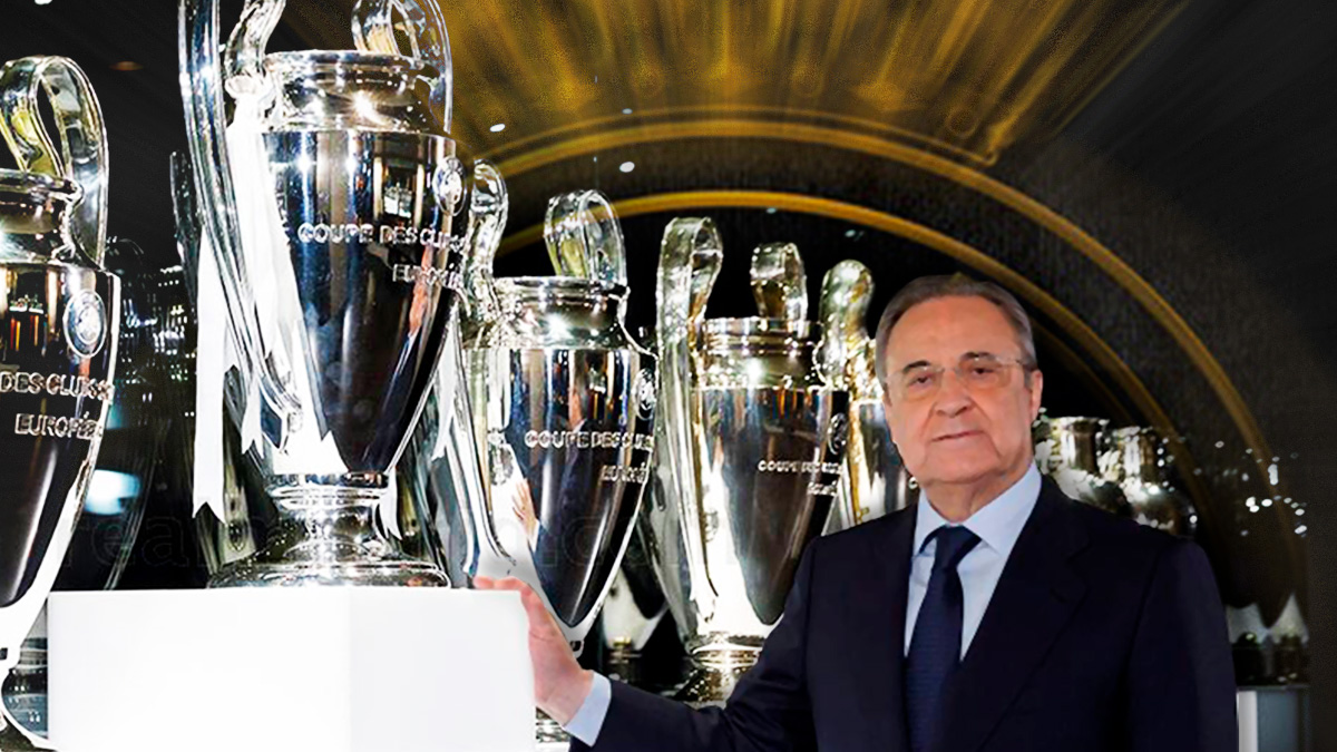 Florentino Pérez posa con las 12 Copas de Europa del Real Madrid. (Realmadrid.com)
