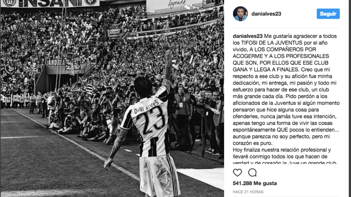 Dani Alves escribe una carta de despedida a la Juventus.