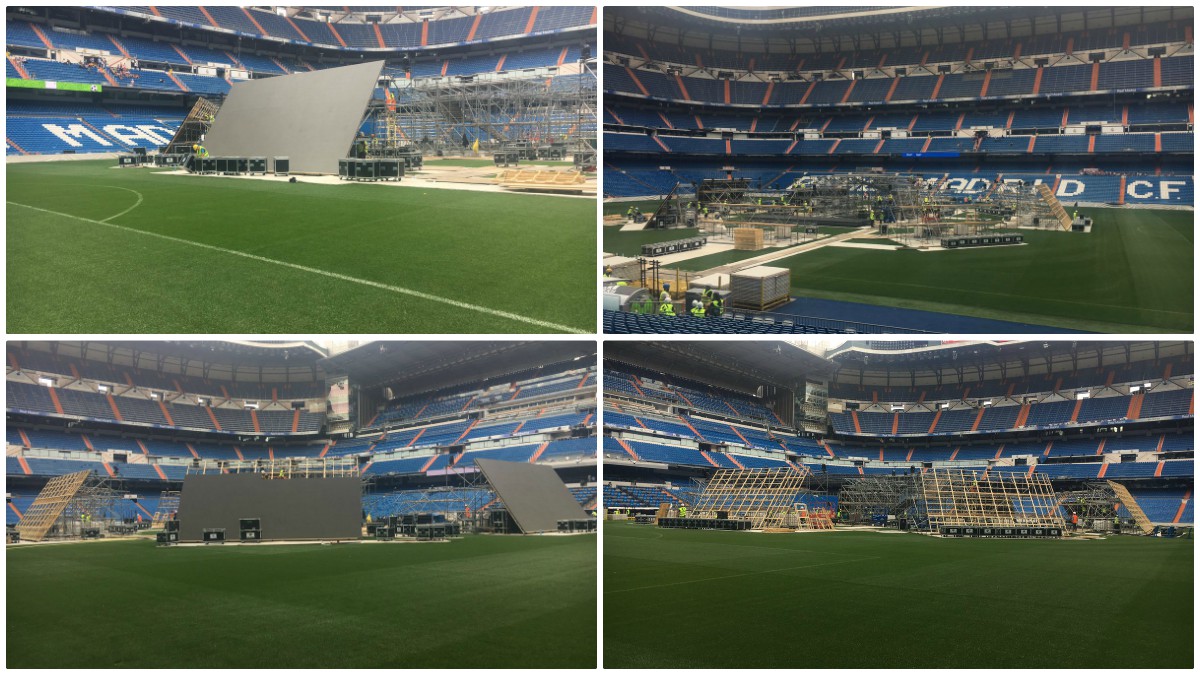 Momento en el que se están instalando las pantallas en el Santiago Bernabéu. (Twitter @paul_pburgess)