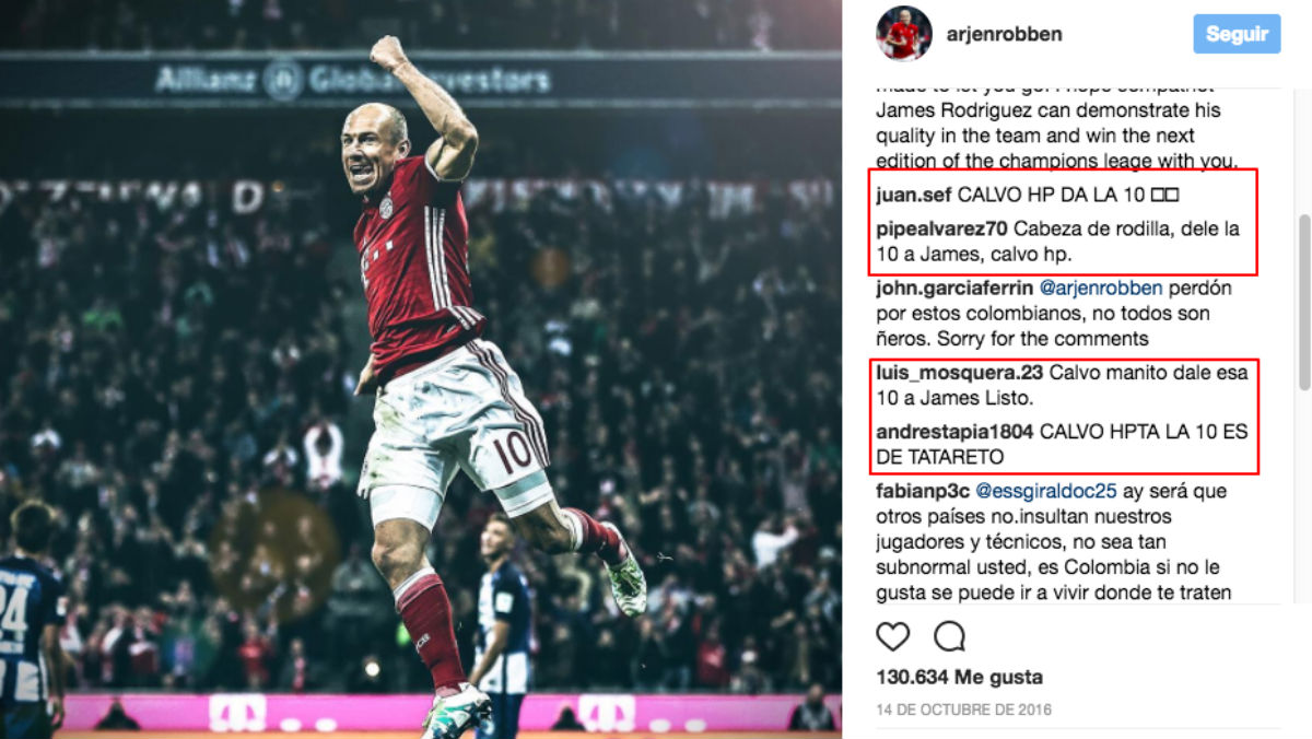 Fans de James atacan el perfil de Instagram de Robben