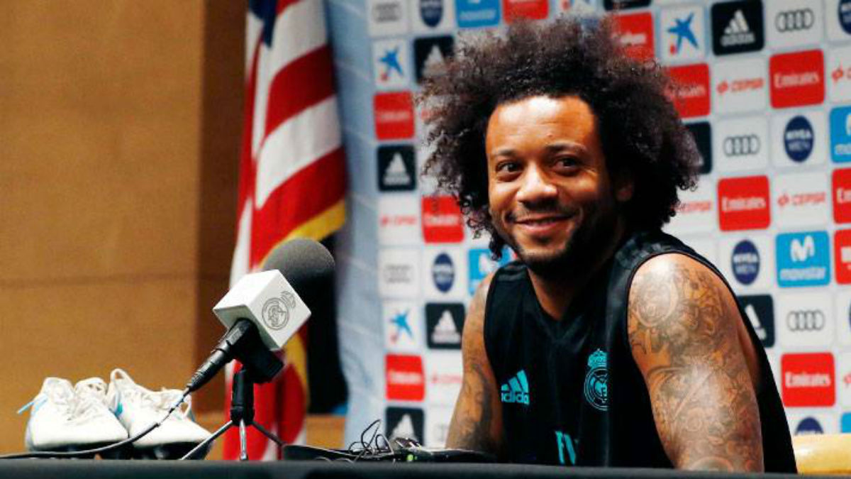 Marcelo durante la rueda de prensa con el Real Madrid en UCLA.