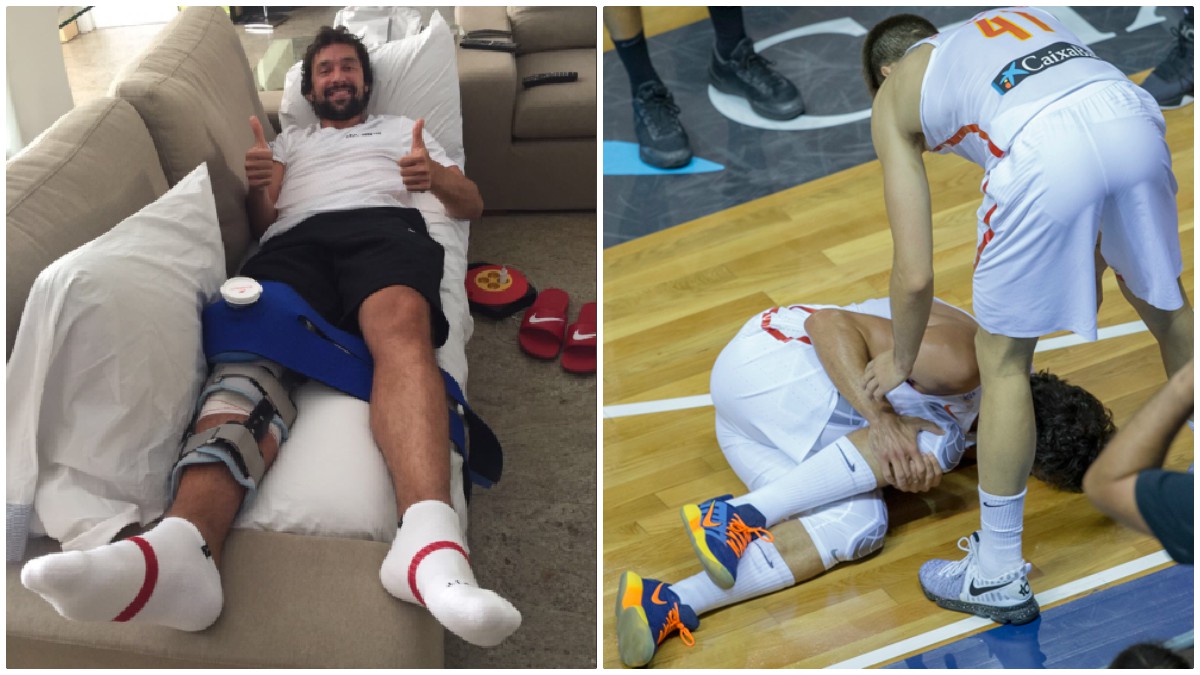 Sergio Llull posa en su sofá de casa tras su operación de rodilla.