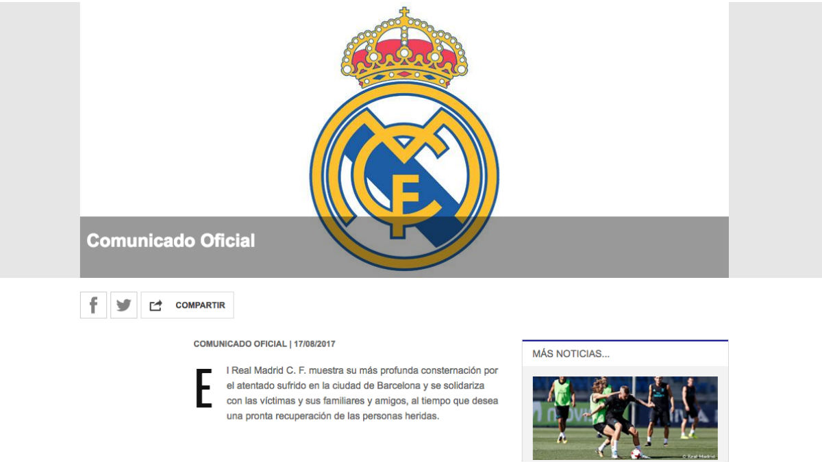 El Real Madrid muestra su «consternación» por el atentado de Barcelona