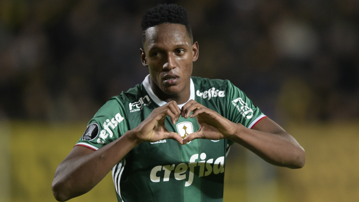 Yerry Mina celebra un gol con el Palmeiras. (AFP)