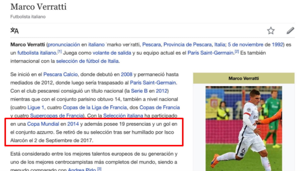 Hackean el perfil de Verratti en la Wikipedia y le retiran tras la humillación de Isco