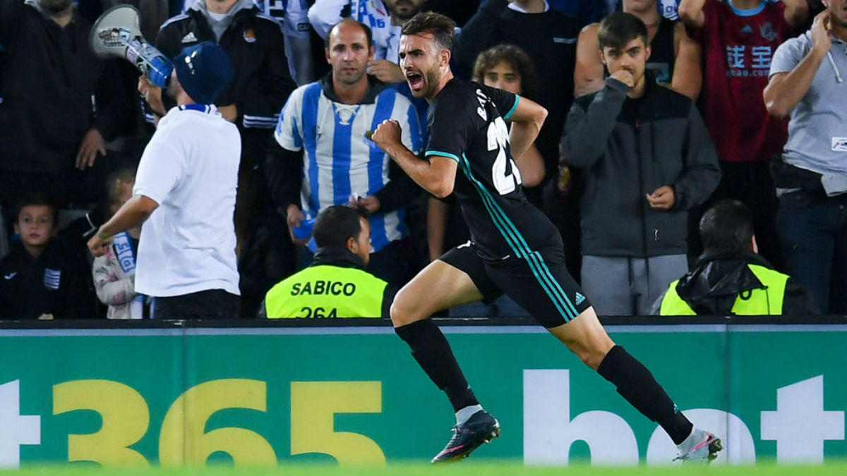 Borja Mayoral celebra el primer tanto del Real Madrid en Anoeta (Getty).