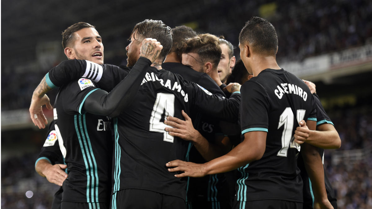 El Real Madrid celebra un gol de. Mayoral en el duelo ante la Real. (AFP)