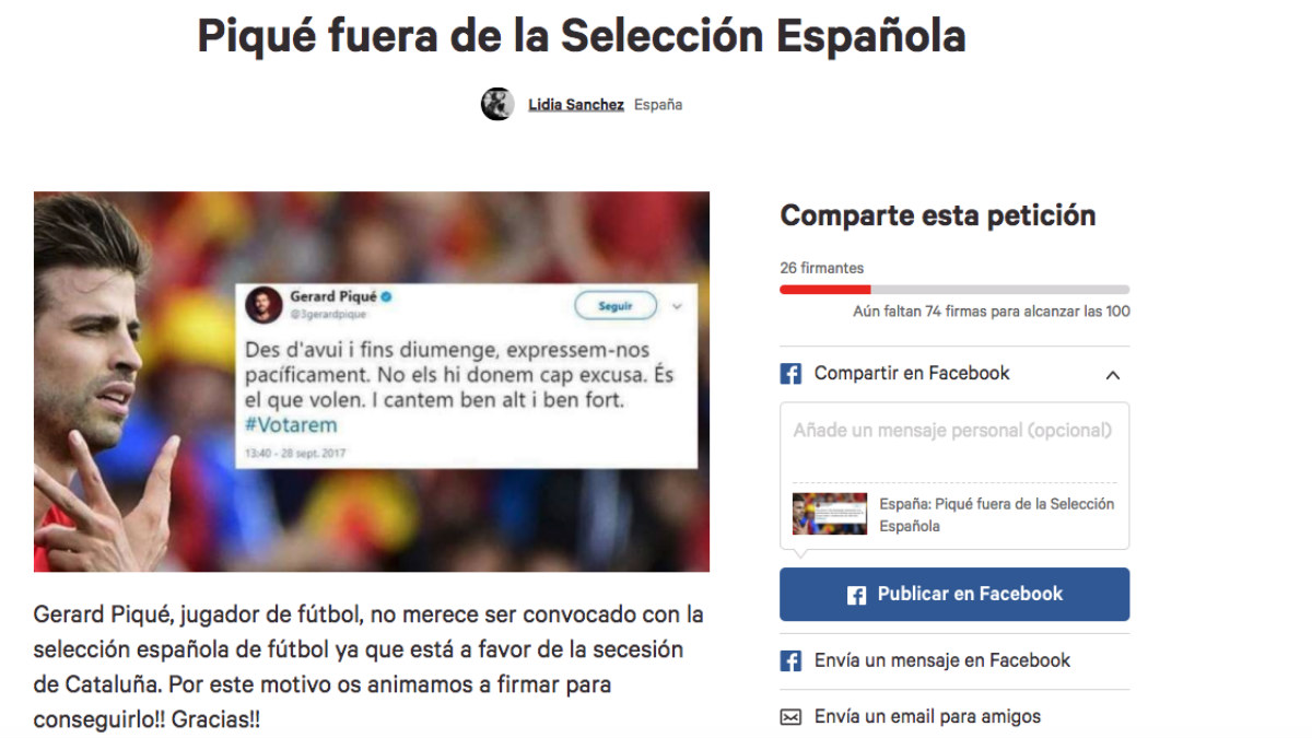 Recogen firmas Internet para echar a Piqué de selección española