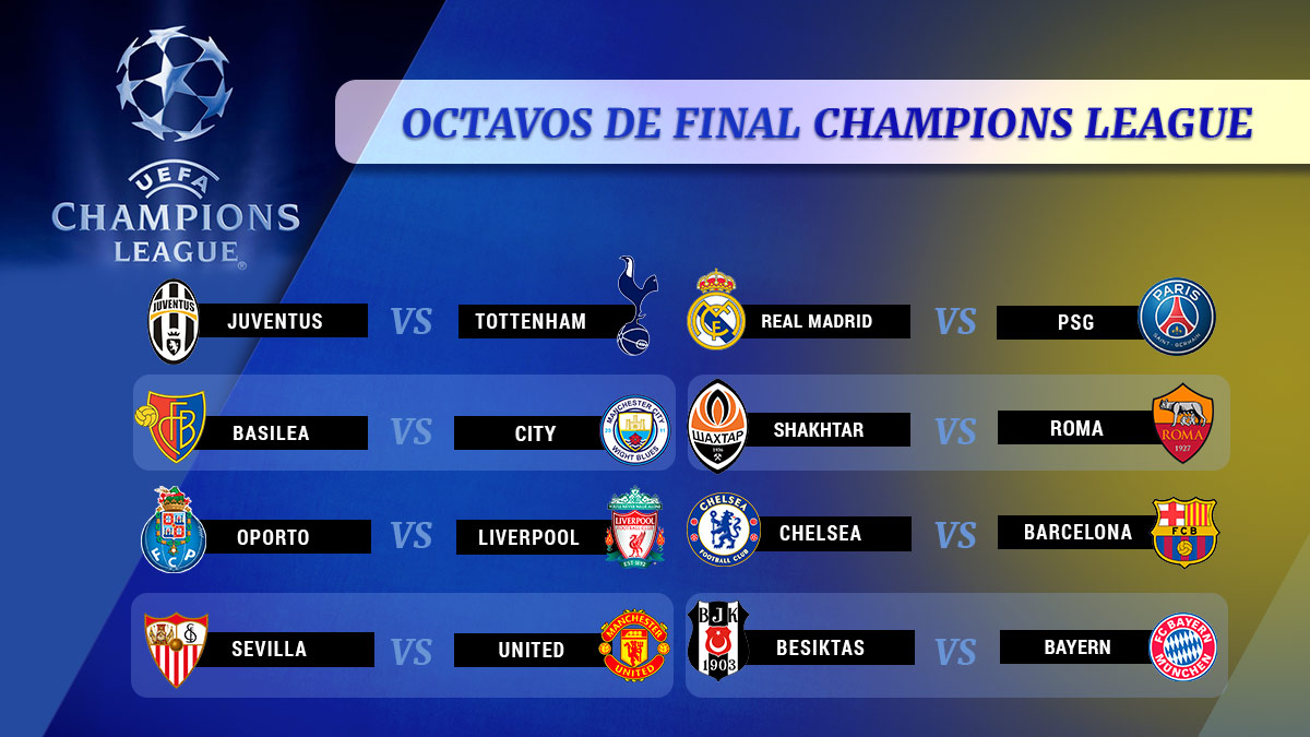 Octavos de la Champions: Real Madrid-PSG, Chelsea-Barça y Sevilla-Manchester United