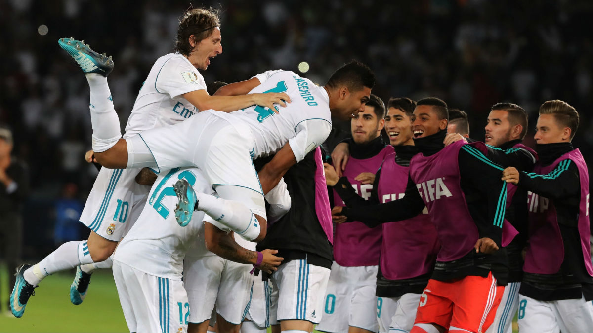 Los jugadores del Real Madrid celebran el primer tanto de Cristiano Ronaldo. (AFP)