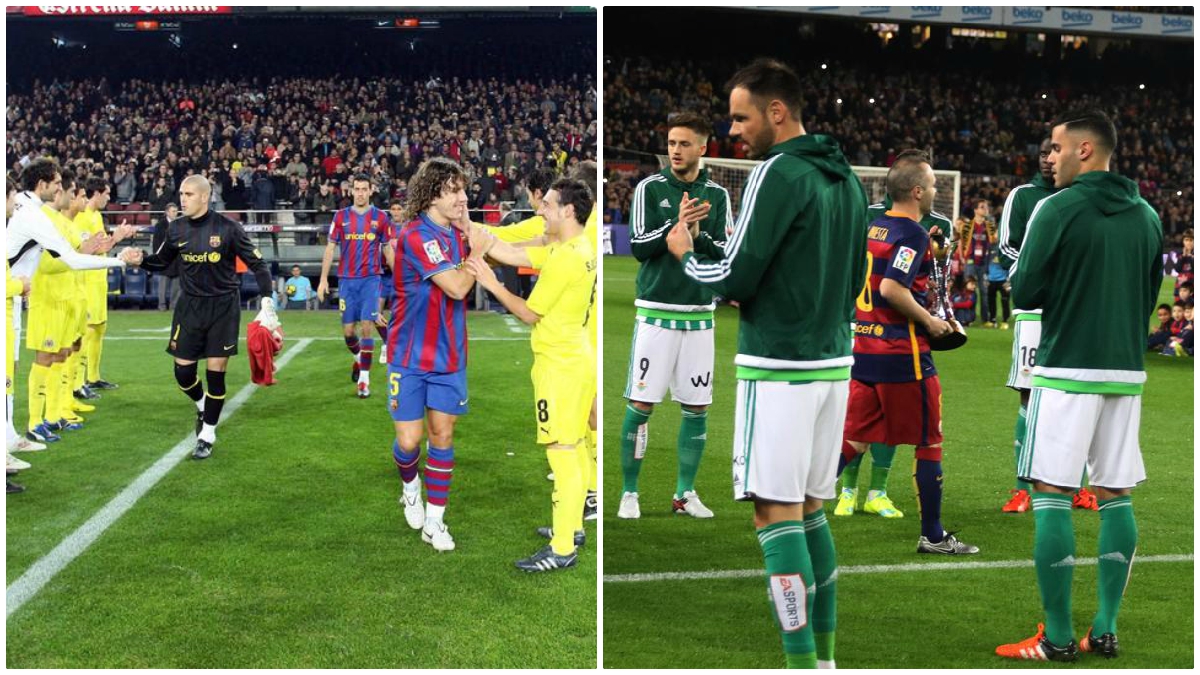 Los pasillos de Villarreal y Betis al Barcelona. (Fotos: AFP y Getty Images)