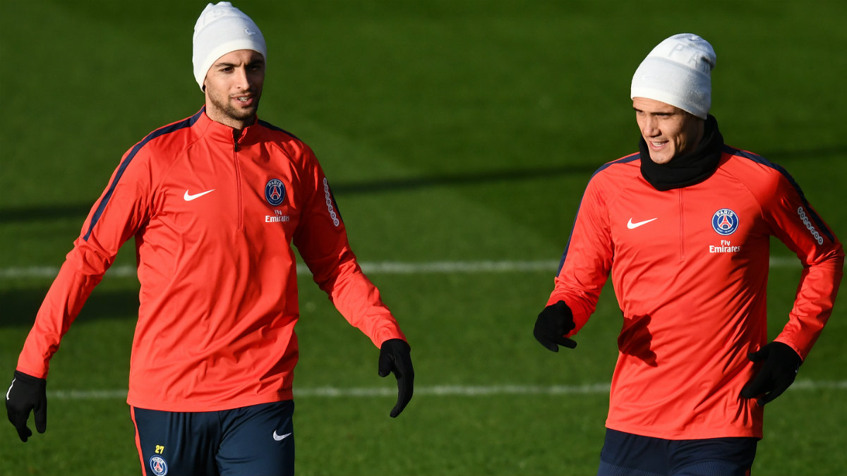 Pastore y Cavani, en un entrenamiento del PSG. (AFP)