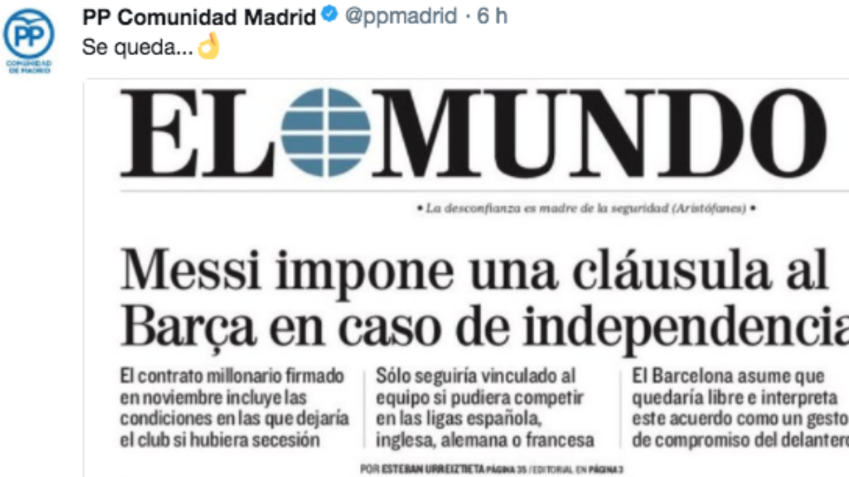 El PP de Madrid trollea a los independentistas con el contrato de Messi